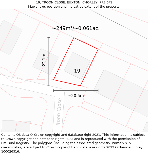 19, TROON CLOSE, EUXTON, CHORLEY, PR7 6FS: Plot and title map