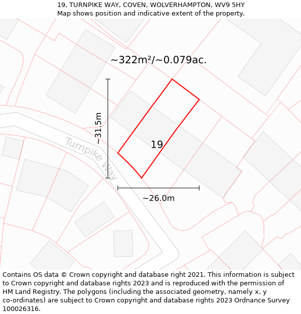 19, TURNPIKE WAY, COVEN, WOLVERHAMPTON, WV9 5HY: Plot and title map