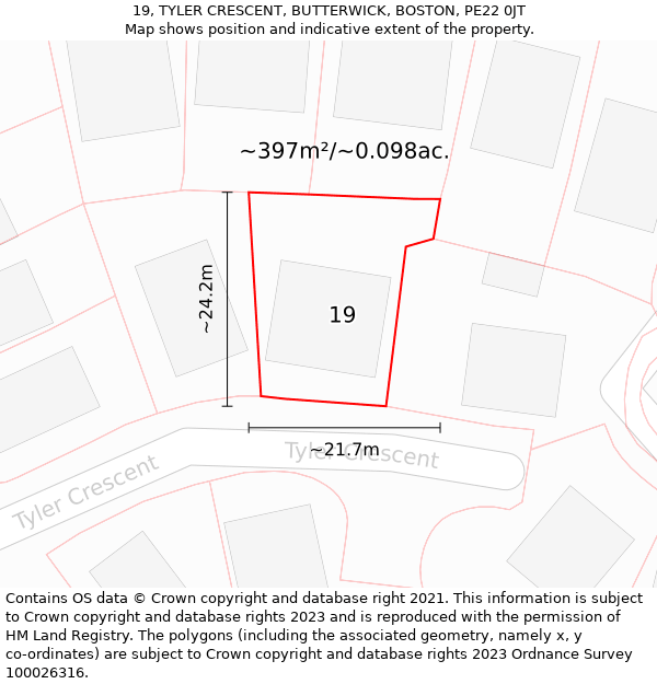 19, TYLER CRESCENT, BUTTERWICK, BOSTON, PE22 0JT: Plot and title map