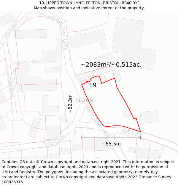 19, UPPER TOWN LANE, FELTON, BRISTOL, BS40 9YF: Plot and title map