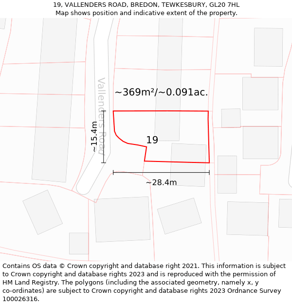 19, VALLENDERS ROAD, BREDON, TEWKESBURY, GL20 7HL: Plot and title map