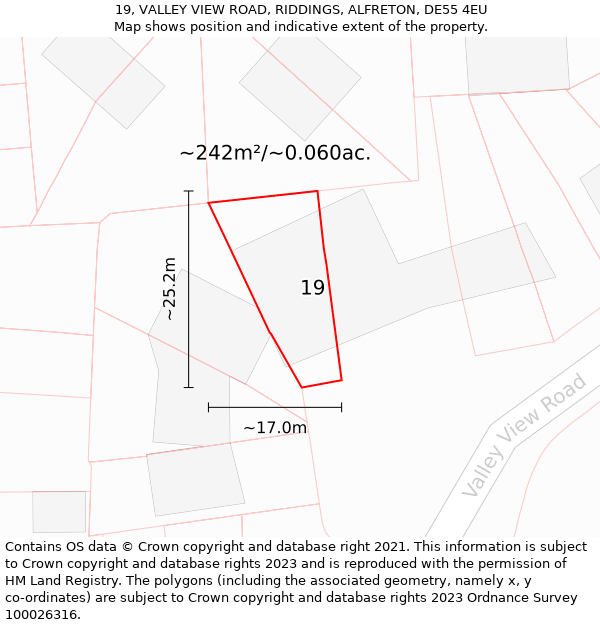 19, VALLEY VIEW ROAD, RIDDINGS, ALFRETON, DE55 4EU: Plot and title map