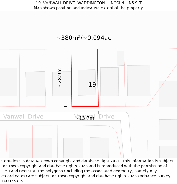 19, VANWALL DRIVE, WADDINGTON, LINCOLN, LN5 9LT: Plot and title map