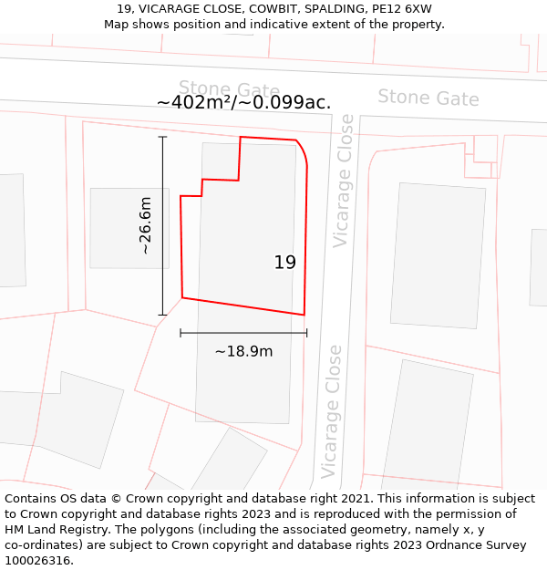 19, VICARAGE CLOSE, COWBIT, SPALDING, PE12 6XW: Plot and title map