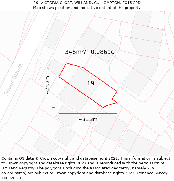 19, VICTORIA CLOSE, WILLAND, CULLOMPTON, EX15 2PD: Plot and title map