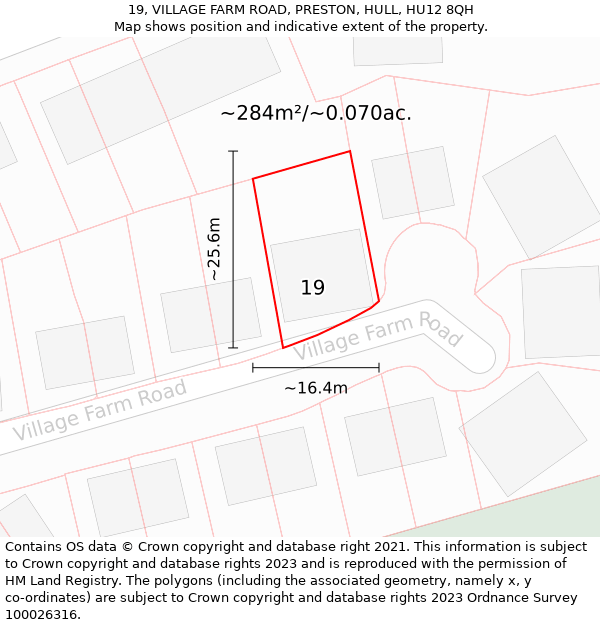 19, VILLAGE FARM ROAD, PRESTON, HULL, HU12 8QH: Plot and title map