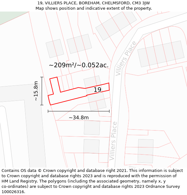 19, VILLIERS PLACE, BOREHAM, CHELMSFORD, CM3 3JW: Plot and title map