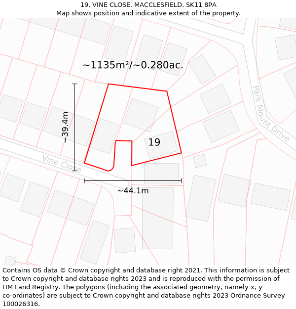 19, VINE CLOSE, MACCLESFIELD, SK11 8PA: Plot and title map