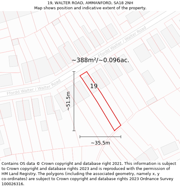 19, WALTER ROAD, AMMANFORD, SA18 2NH: Plot and title map