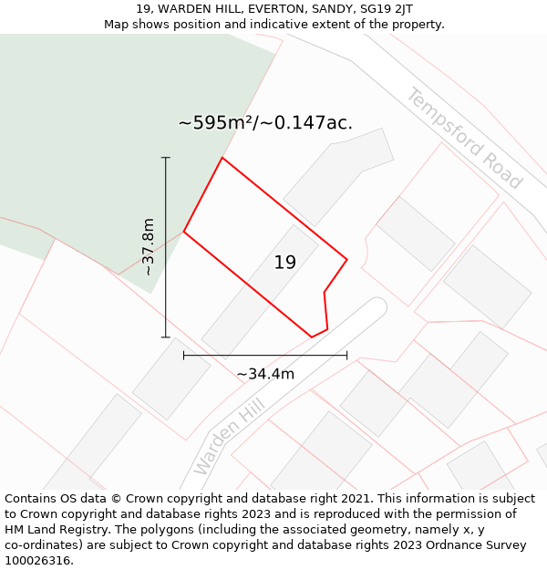 19, WARDEN HILL, EVERTON, SANDY, SG19 2JT: Plot and title map