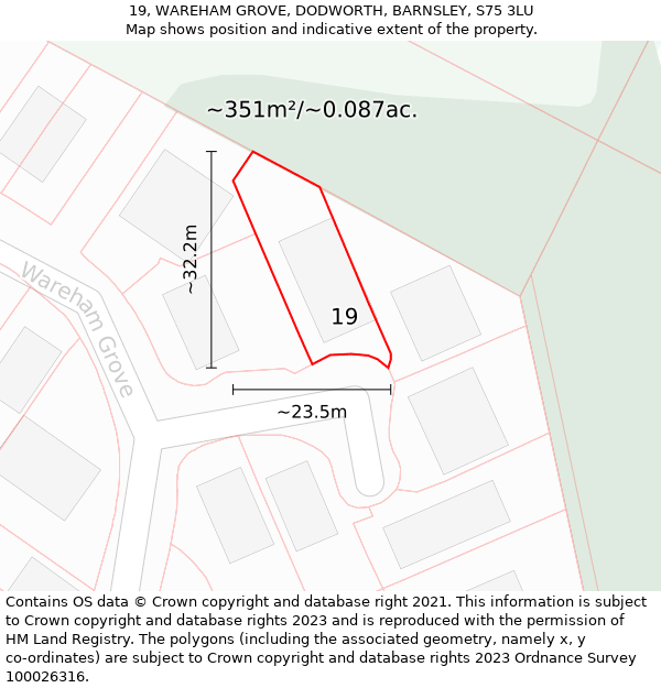 19, WAREHAM GROVE, DODWORTH, BARNSLEY, S75 3LU: Plot and title map