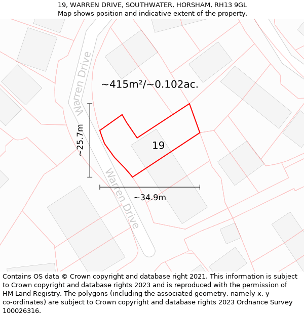 19, WARREN DRIVE, SOUTHWATER, HORSHAM, RH13 9GL: Plot and title map