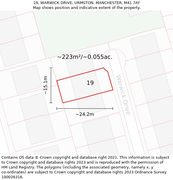 19, WARWICK DRIVE, URMSTON, MANCHESTER, M41 7AY: Plot and title map