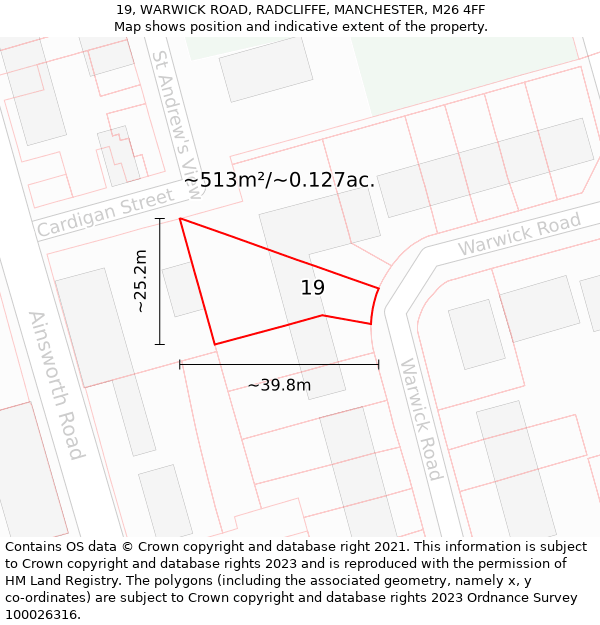 19, WARWICK ROAD, RADCLIFFE, MANCHESTER, M26 4FF: Plot and title map