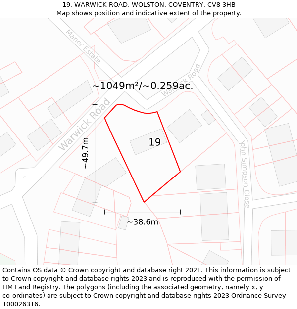 19, WARWICK ROAD, WOLSTON, COVENTRY, CV8 3HB: Plot and title map