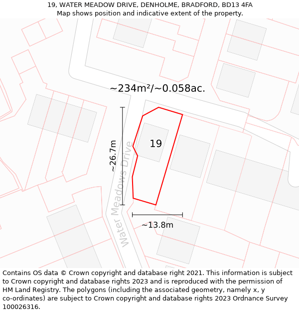 19, WATER MEADOW DRIVE, DENHOLME, BRADFORD, BD13 4FA: Plot and title map