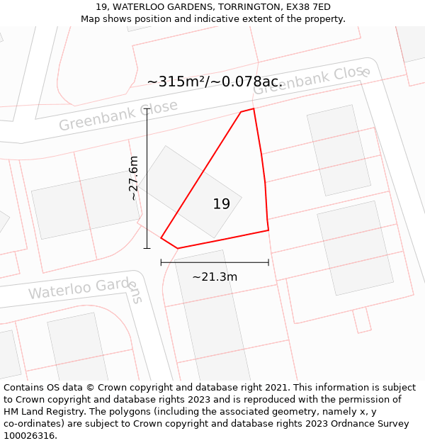 19, WATERLOO GARDENS, TORRINGTON, EX38 7ED: Plot and title map