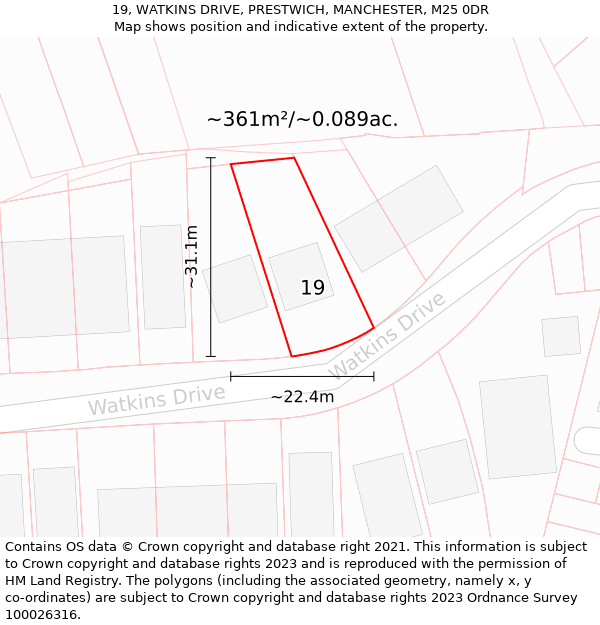 19, WATKINS DRIVE, PRESTWICH, MANCHESTER, M25 0DR: Plot and title map