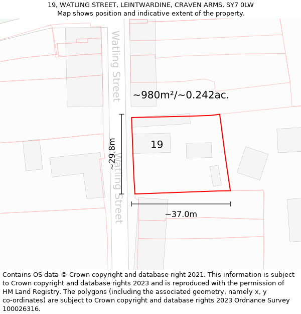 19, WATLING STREET, LEINTWARDINE, CRAVEN ARMS, SY7 0LW: Plot and title map