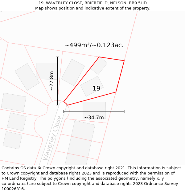 19, WAVERLEY CLOSE, BRIERFIELD, NELSON, BB9 5HD: Plot and title map