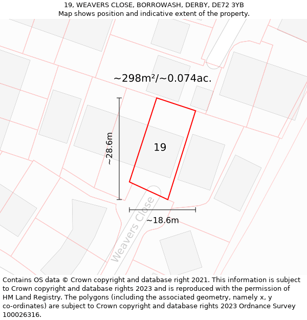 19, WEAVERS CLOSE, BORROWASH, DERBY, DE72 3YB: Plot and title map