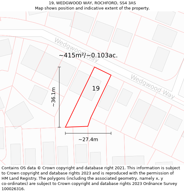 19, WEDGWOOD WAY, ROCHFORD, SS4 3AS: Plot and title map