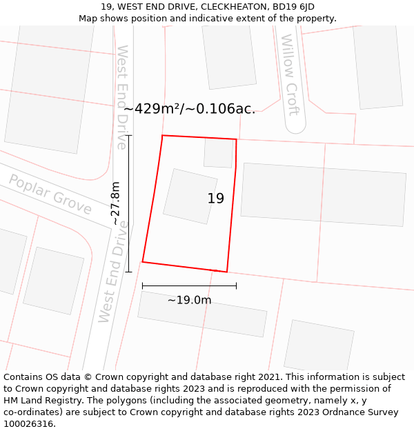 19, WEST END DRIVE, CLECKHEATON, BD19 6JD: Plot and title map