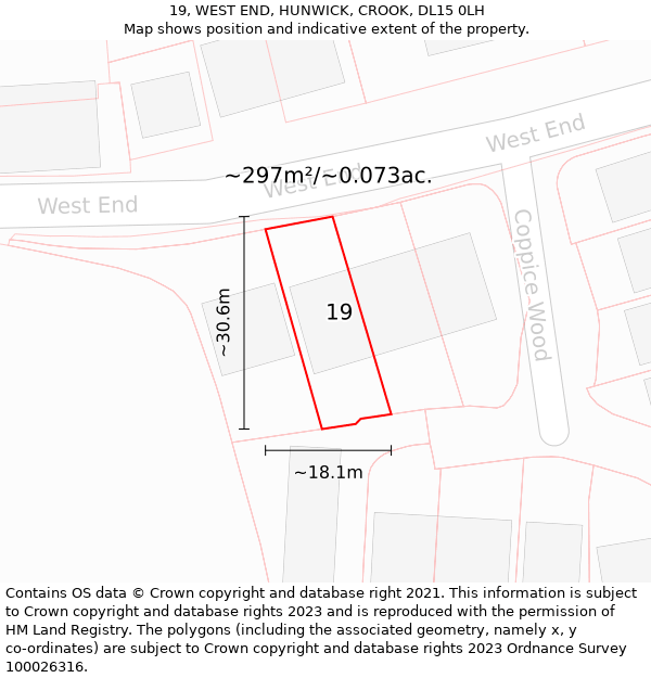 19, WEST END, HUNWICK, CROOK, DL15 0LH: Plot and title map