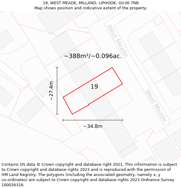 19, WEST MEADE, MILLAND, LIPHOOK, GU30 7NB: Plot and title map