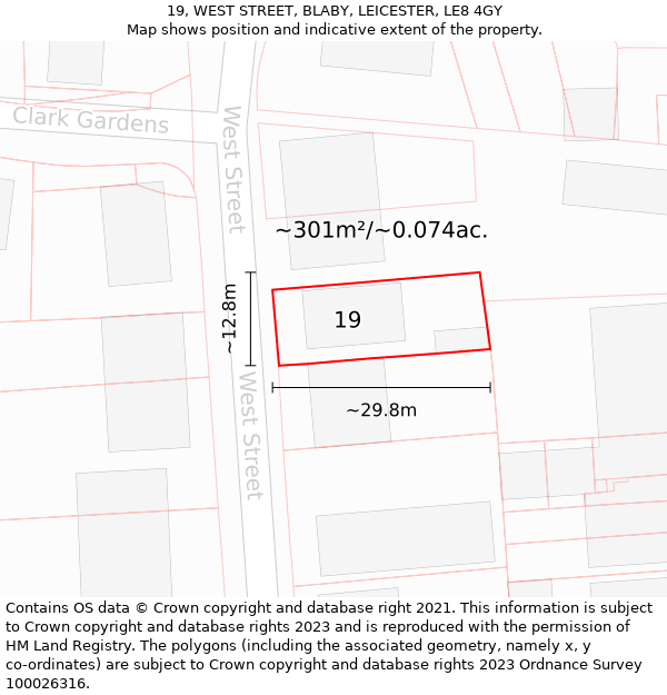 19, WEST STREET, BLABY, LEICESTER, LE8 4GY: Plot and title map