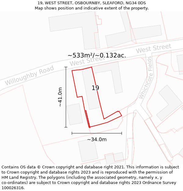 19, WEST STREET, OSBOURNBY, SLEAFORD, NG34 0DS: Plot and title map