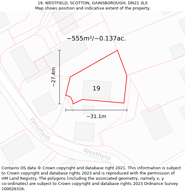 19, WESTFIELD, SCOTTON, GAINSBOROUGH, DN21 3LX: Plot and title map