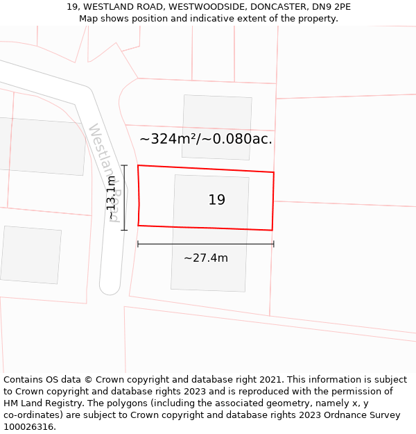 19, WESTLAND ROAD, WESTWOODSIDE, DONCASTER, DN9 2PE: Plot and title map