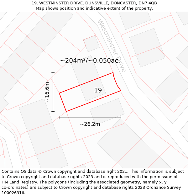 19, WESTMINSTER DRIVE, DUNSVILLE, DONCASTER, DN7 4QB: Plot and title map