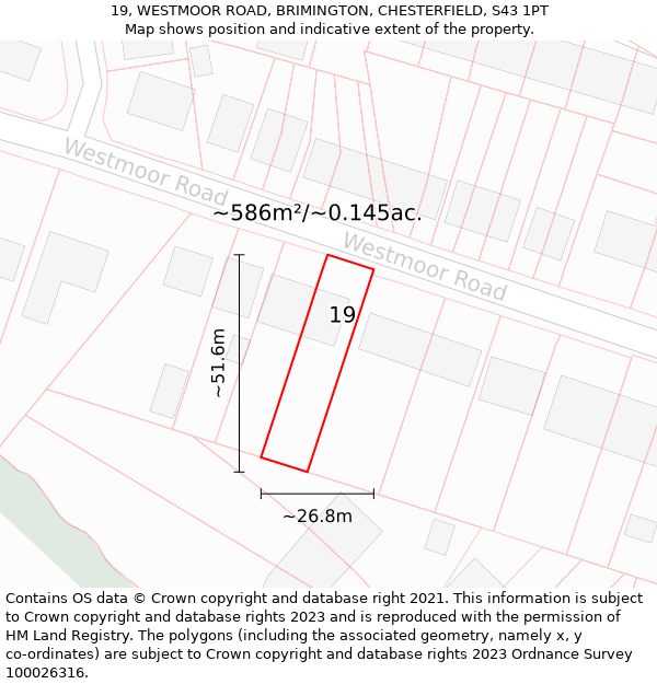 19, WESTMOOR ROAD, BRIMINGTON, CHESTERFIELD, S43 1PT: Plot and title map