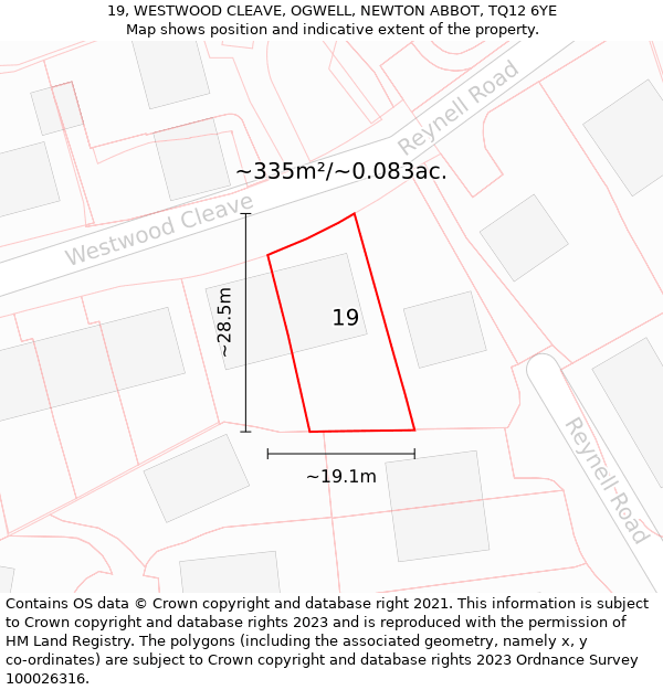 19, WESTWOOD CLEAVE, OGWELL, NEWTON ABBOT, TQ12 6YE: Plot and title map