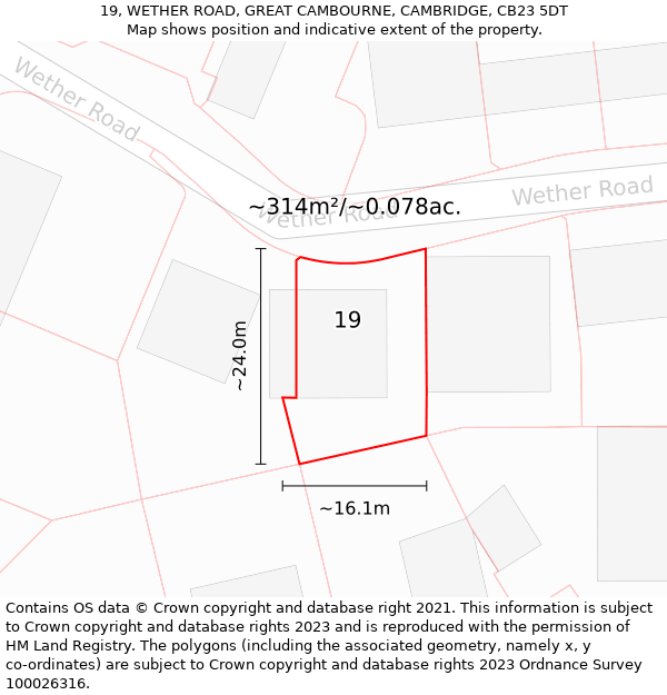 19, WETHER ROAD, GREAT CAMBOURNE, CAMBRIDGE, CB23 5DT: Plot and title map