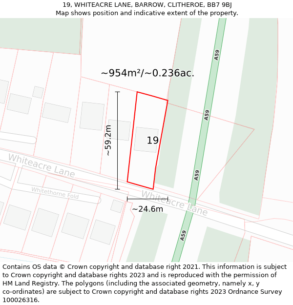 19, WHITEACRE LANE, BARROW, CLITHEROE, BB7 9BJ: Plot and title map