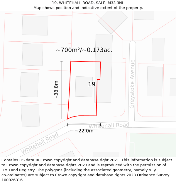 19, WHITEHALL ROAD, SALE, M33 3NL: Plot and title map