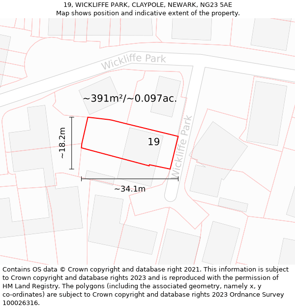 19, WICKLIFFE PARK, CLAYPOLE, NEWARK, NG23 5AE: Plot and title map