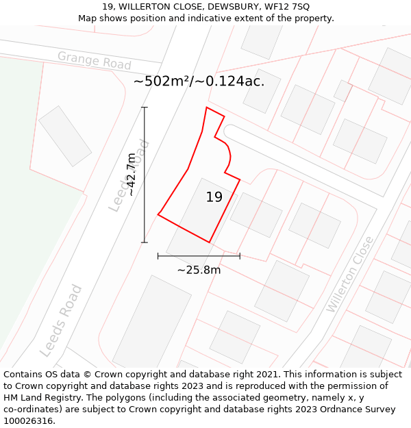 19, WILLERTON CLOSE, DEWSBURY, WF12 7SQ: Plot and title map