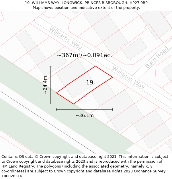 19, WILLIAMS WAY, LONGWICK, PRINCES RISBOROUGH, HP27 9RP: Plot and title map