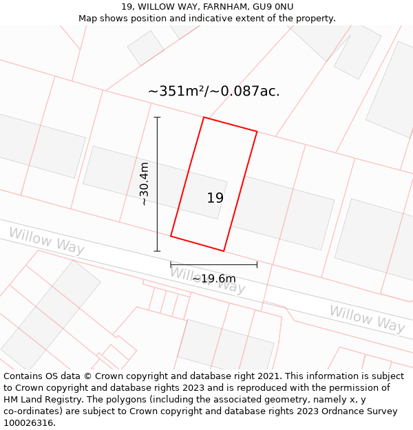 19, WILLOW WAY, FARNHAM, GU9 0NU: Plot and title map