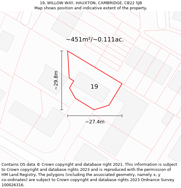 19, WILLOW WAY, HAUXTON, CAMBRIDGE, CB22 5JB: Plot and title map