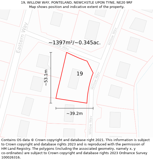 19, WILLOW WAY, PONTELAND, NEWCASTLE UPON TYNE, NE20 9RF: Plot and title map