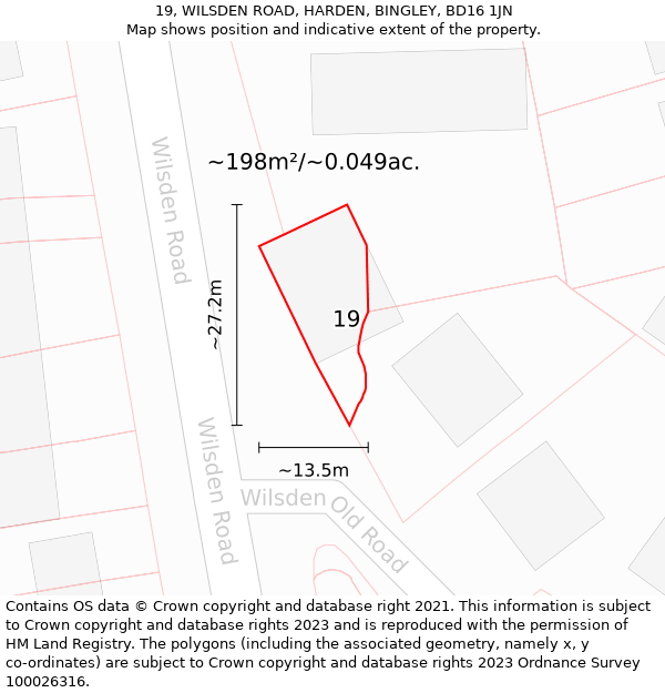 19, WILSDEN ROAD, HARDEN, BINGLEY, BD16 1JN: Plot and title map