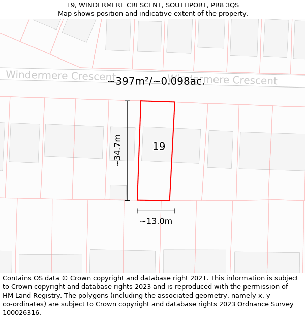 19, WINDERMERE CRESCENT, SOUTHPORT, PR8 3QS: Plot and title map