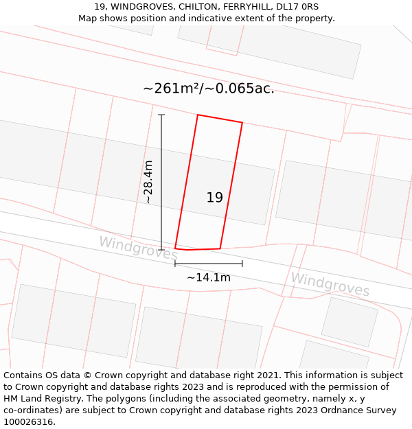 19, WINDGROVES, CHILTON, FERRYHILL, DL17 0RS: Plot and title map