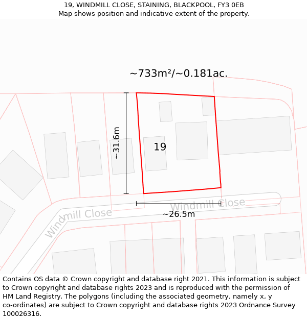 19, WINDMILL CLOSE, STAINING, BLACKPOOL, FY3 0EB: Plot and title map