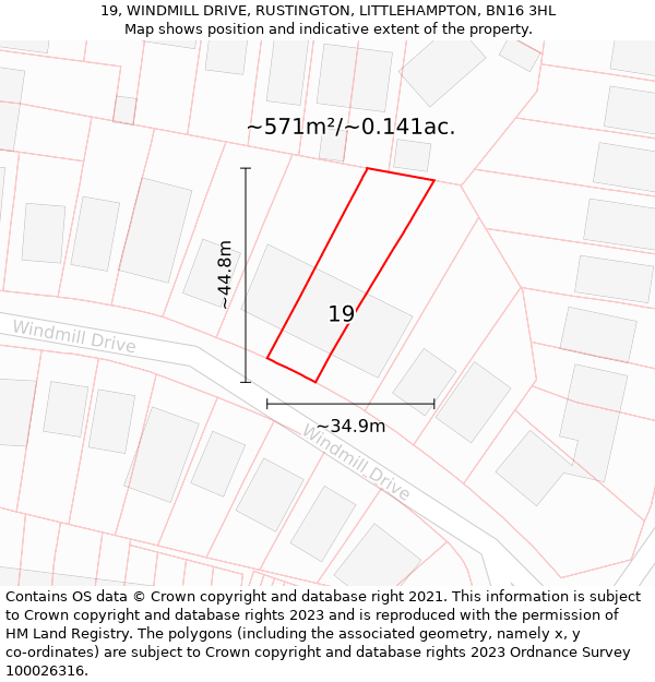 19, WINDMILL DRIVE, RUSTINGTON, LITTLEHAMPTON, BN16 3HL: Plot and title map